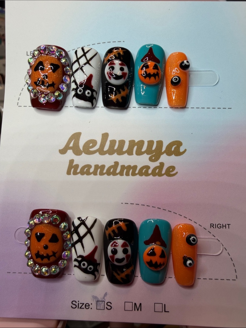 Halloween Press-On Nails - Orange, Teal, Black, White
